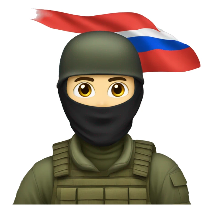 russian soldier with balaclava standing next to russian flag waving sticker