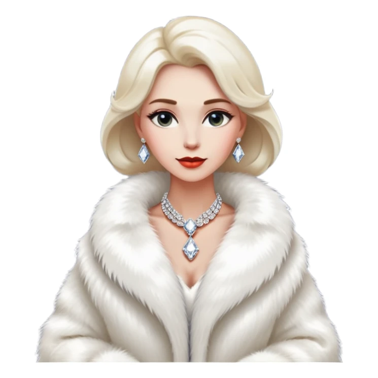 * Character: A stylish lady
* ﻿﻿Clothing: A luxurious white fur coat
* ﻿﻿Accessories: A dazzling diamond necklace
* ﻿﻿Expression: Confident, elegant, maybe slightly glamorous
* ﻿﻿Pose: Head slightly tilted or a poised posture
* ﻿﻿Style: Emoji-like, simple but expressive
 sticker