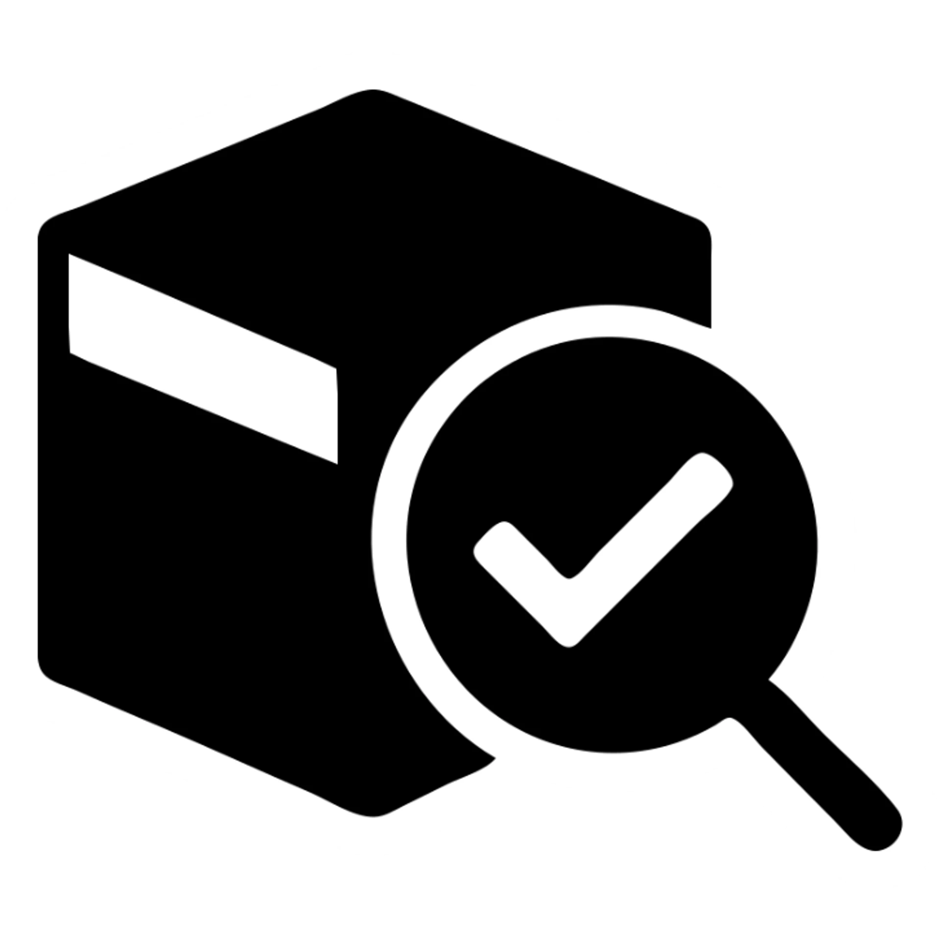 icon of a magnifying glass inspecting a product with a checkmark sticker