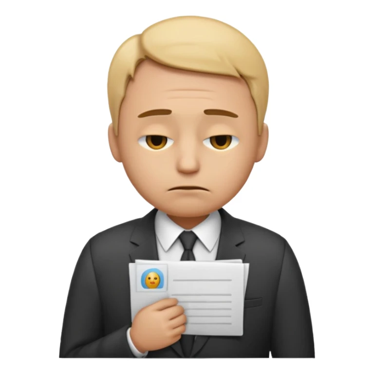 emoji character wearing a suit. face has a very sad, disappointed expression with drooping eyebrows and half-closed eyes. posture is dejected, with slumped shoulders just rejected from his interview to get a job, holding cv sticker