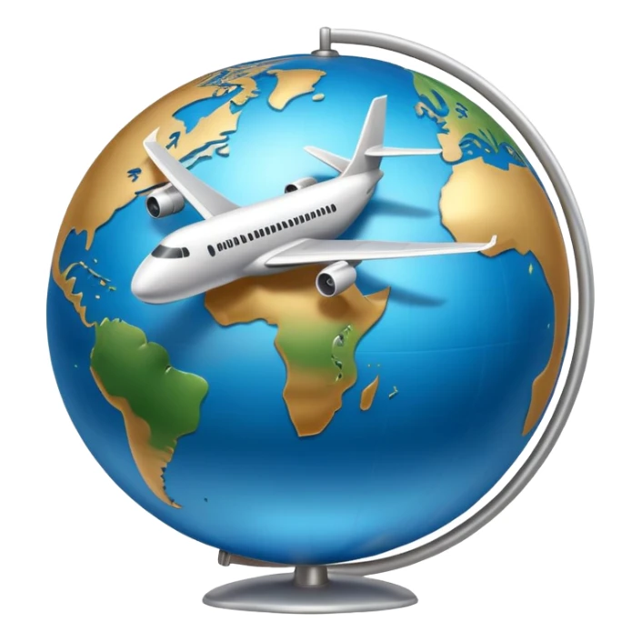 Globe with airplane flying around it, representing travel sticker
