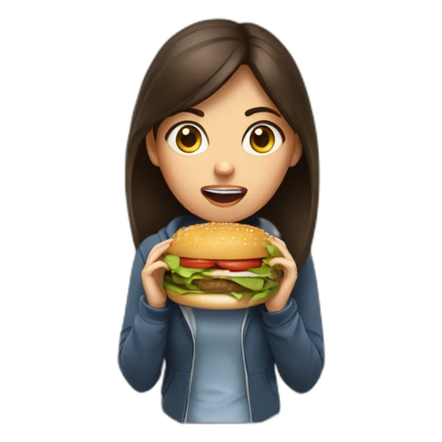Brunette girl angry from studying decides to eat a burger sticker