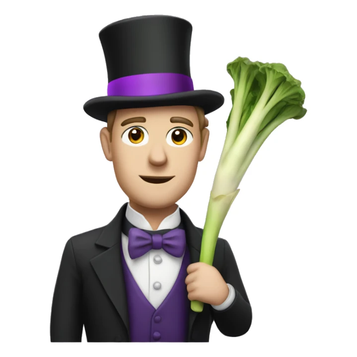 White man wearing a Top Hat with a purple band holding a leek sticker