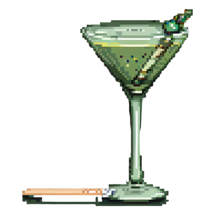 simple martini glass with colorless liquid, just showing glass outline with minimal liquid representation, green olive on toothpick at bottom sticker