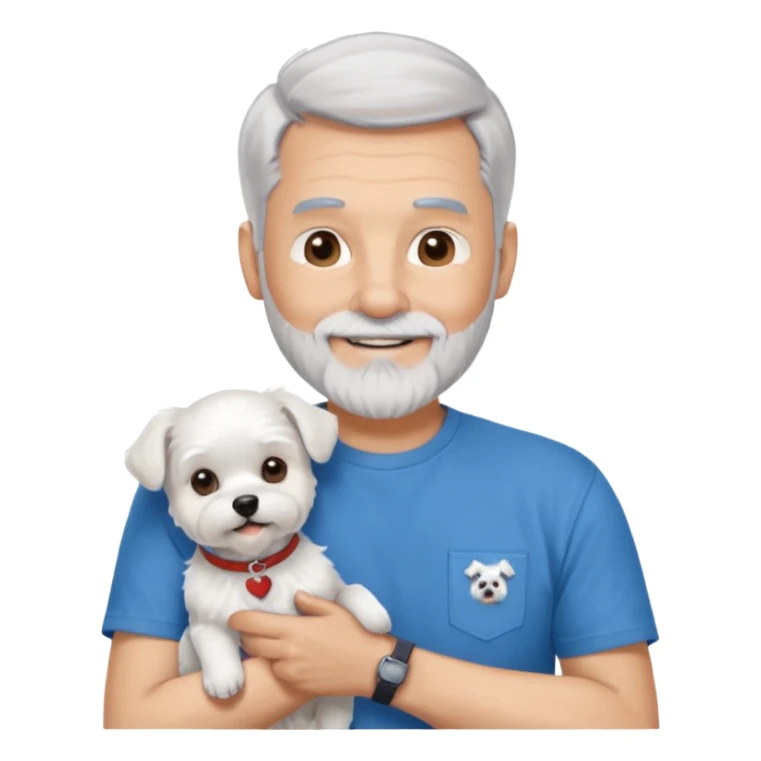 handsome gentleman, 60 years old, silver hair in crew cut style, full beard, wearing a blue t-shirt, smiling and holding a maltese dog sticker