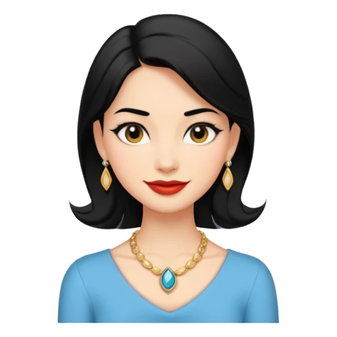 A confident, stylish female cartoon character with black hair, sly smile, flirtatious eyes, elegant pose, jewelry hints, minimalist, high-contrast colors, designed as a small, bold emoji icon. sticker