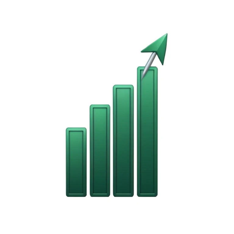 growth chart with white bars and dark green shadows and details, dark green arrow, minimalism, iOS emoji style, no faces or smileys, white background sticker