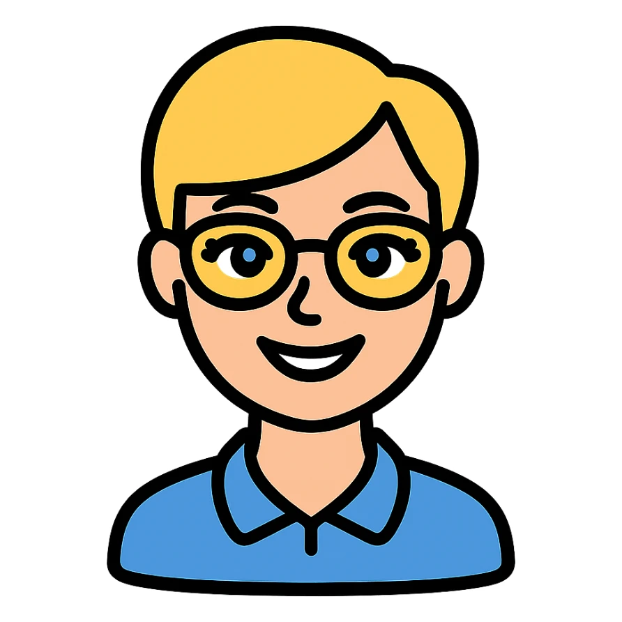 blonde teacher with pixie haircut, gold glasses, blue eyes, big eyelashes, nice smile icon-color-outlined style sticker