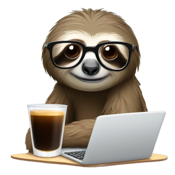 tired sloth wearing glasses with laptop and espresso tonic sticker