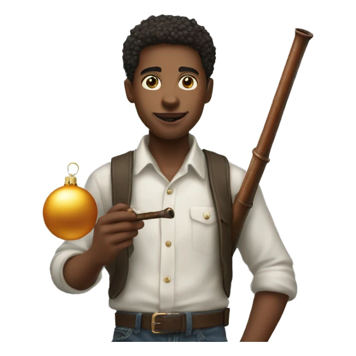 Young man holding a sharp Christmas ornament and a long pipe and a  sticker