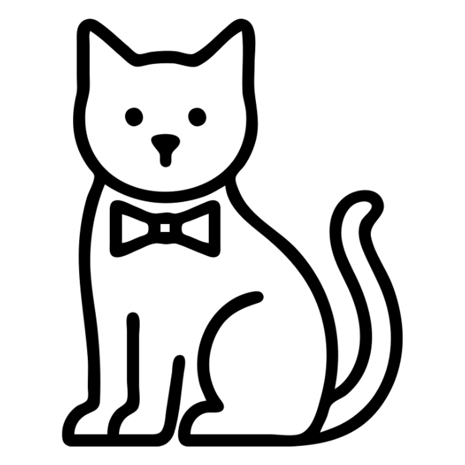 black cat with a blue bowtie collar, simple outlined icon style sticker