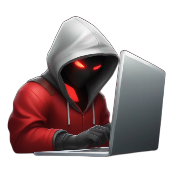 developer behind his laptop with this style : Riot Games Valorant dark red glowing bright red character red black hooded assassin themed character sticker