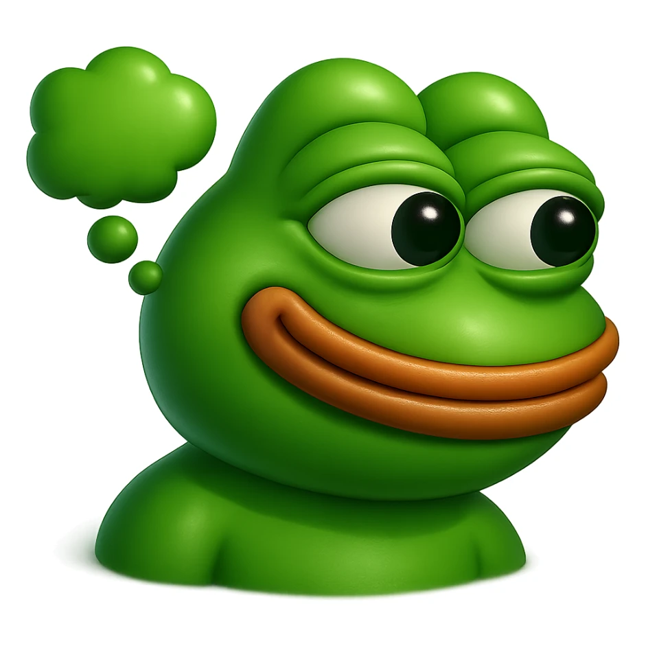make a pepe in bright green smiling with thought bubble looking at left side in 3d style, good highlights and shadows, drop shadows sticker