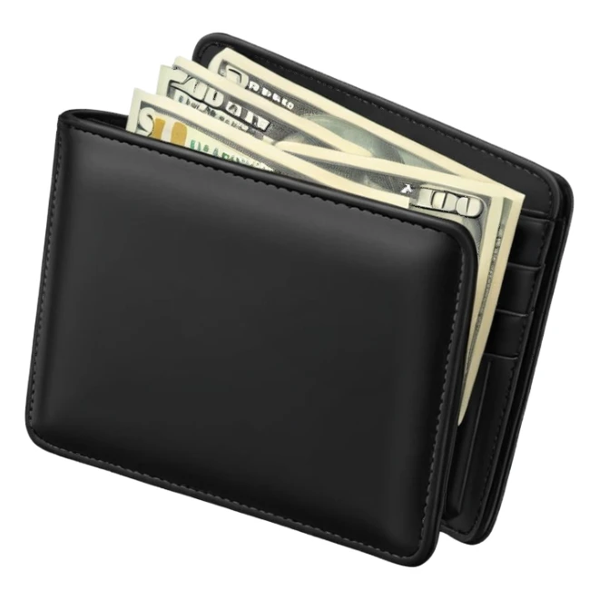 Rich emoji style black leather wallet with dollar bills, luxury money vibe, premium 3D emoji, ultra clean, high detail, no background
 sticker