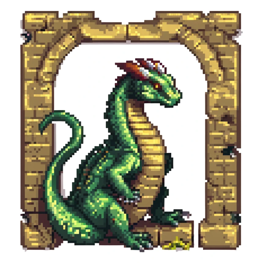 A fierce ancient basilisk encircling the Windows 11 blue four-square icon, rendered in detailed pixel art, no background. sticker