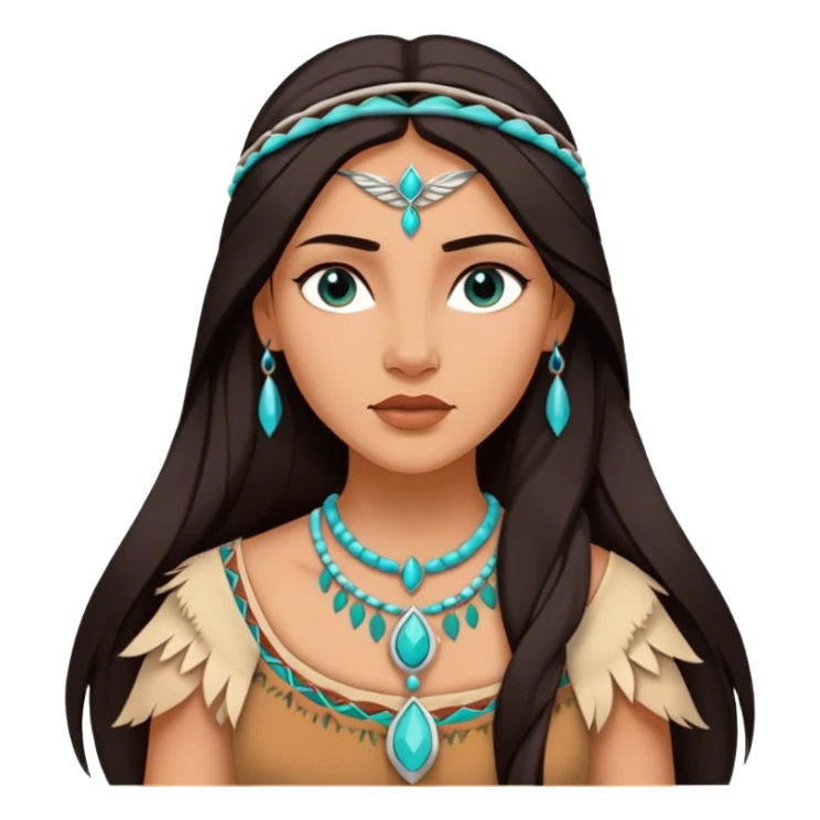Cinematic Elegant Pocahontas Portrait Emoji, rendered in a realistic, vector-style with minimal shading and bold, simplified shapes. Depict Pocahontas (chest and above) with warm, sun-kissed skin, long, flowing dark hair, and gentle, wise eyes, wearing traditional attire in earthy tones with hints of turquoise. The image glows with a soft, natural radiance and high shine, embodying timeless indigenous beauty. sticker