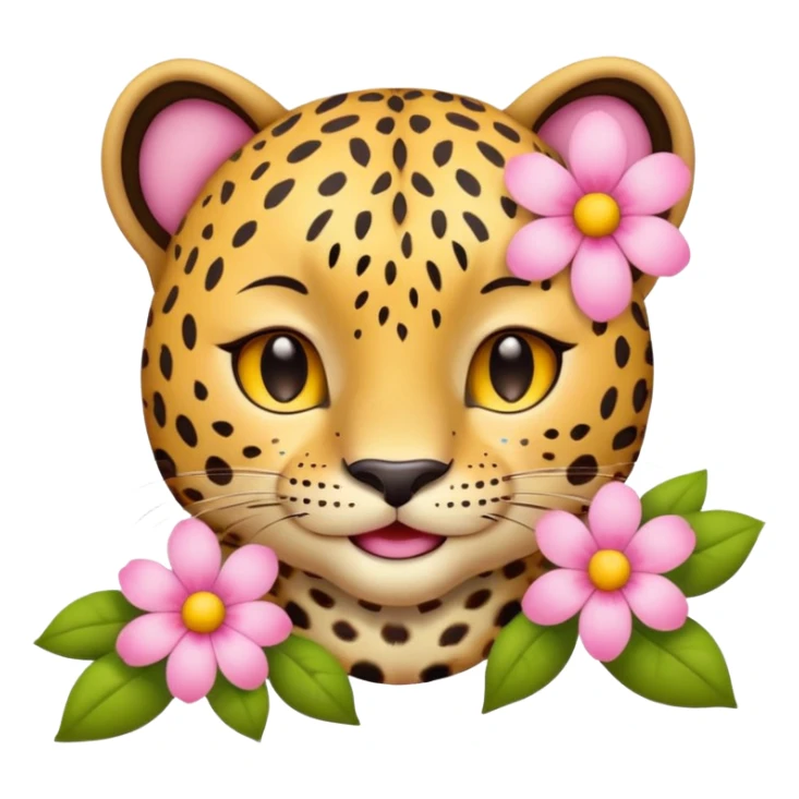 A leopard with eyes closed and a peaceful smile. A pink flower with a yellow center is tucked behind its right ear
 sticker