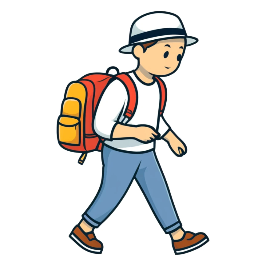 sad tired traveler with backpack and hat walking sticker