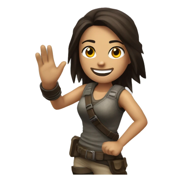 Lara Crofts is smiling and have a waving hand, to say hello in classic tomb raider legend outfit sticker