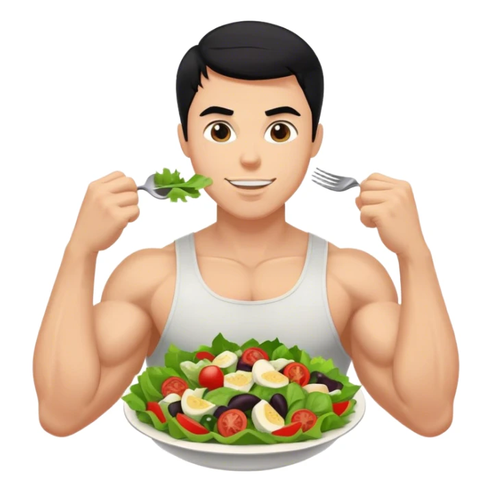 White guy with black hair and arm muscles eating a salad sticker