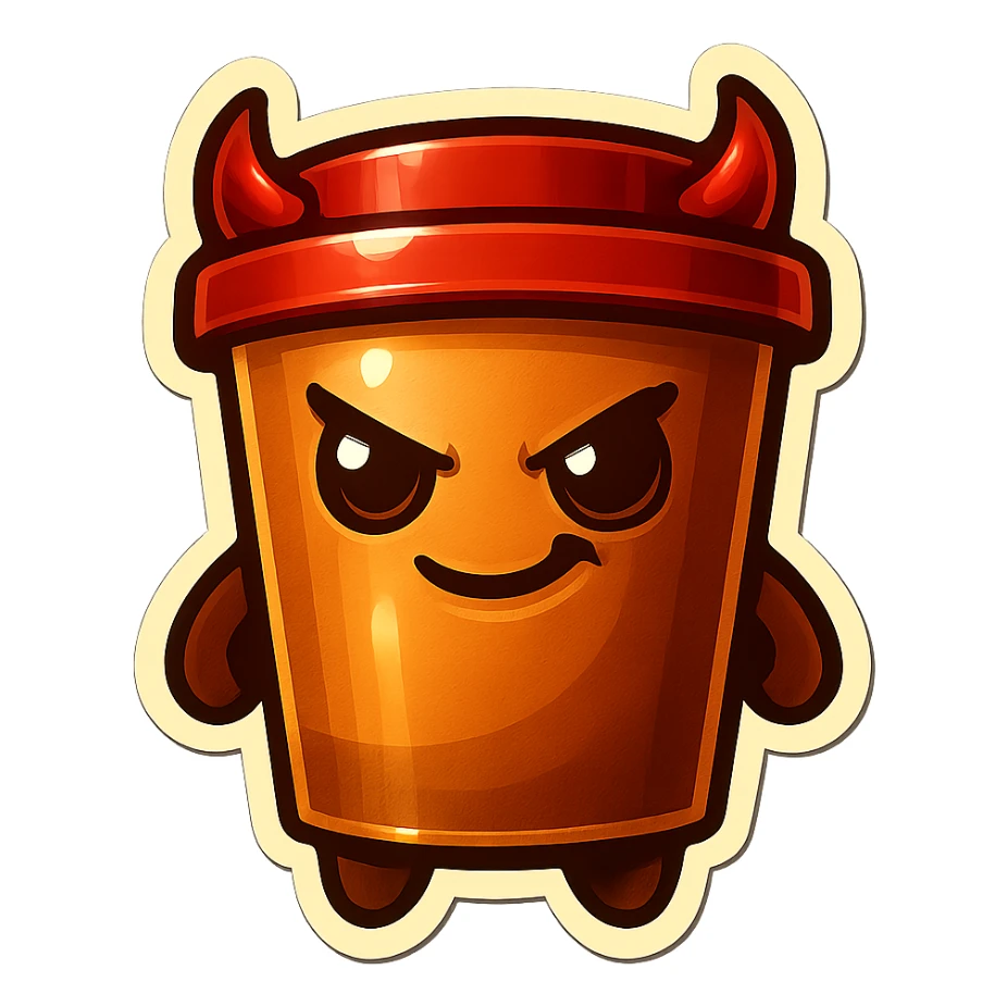Tall coffee cup, devil horns, smirking, evil sticker