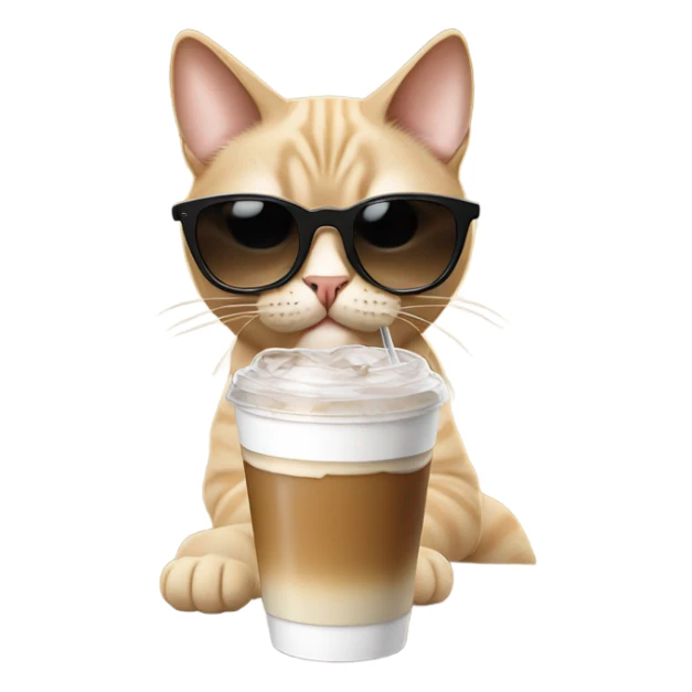 Beige cat wearing black sunglasses with a ice coffee sticker