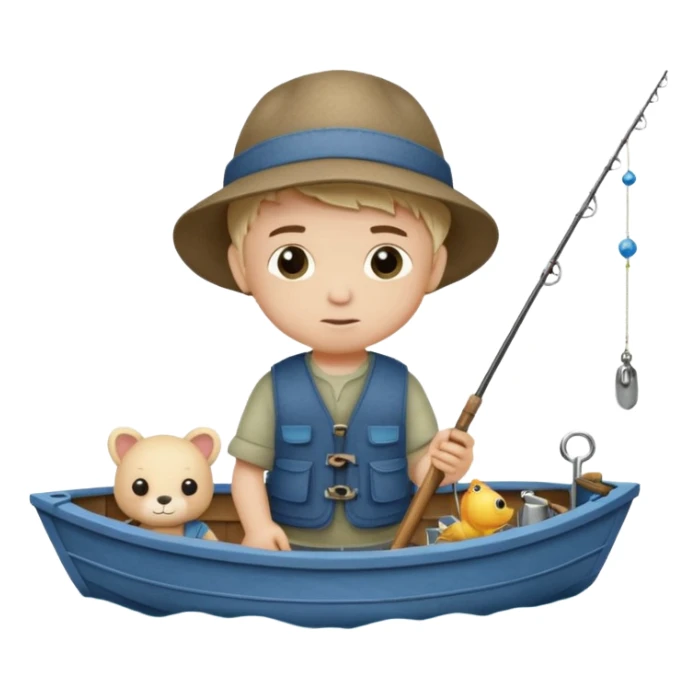 Little boy on a little boat fishing, felt texture, scrapbooking, precious moments style character sticker