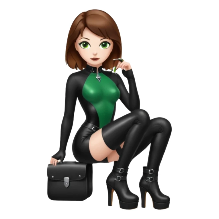 Create Dominatrix in black latex clothes,green eyes,brown hair and platform boots sticker