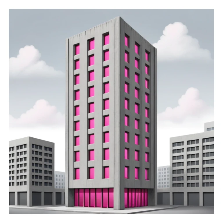 Tall gray brutalist concrete tower with one bright pink window among many regular gray windows sticker