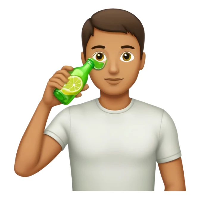 a man drinks a bottle of green lemon brand sticker