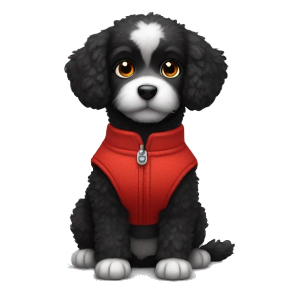 small completely black fluffy puppy wearing red vest sticker