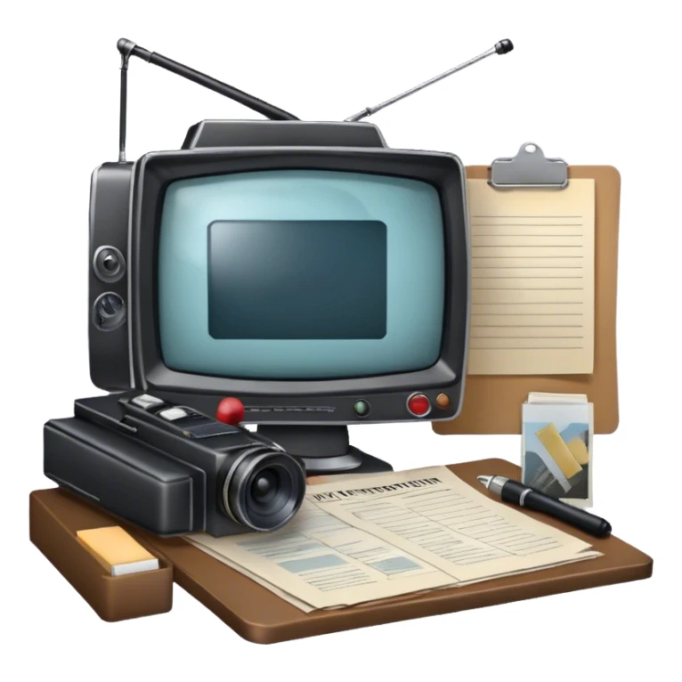 Icon for Documentary Film: A TV show-style design with a large screen displaying a documentary scene. Include papers, a clipboard, and files scattered around, along with a microphone and camera. The design should evoke a news or investigative TV program vibe. Transparent background. sticker