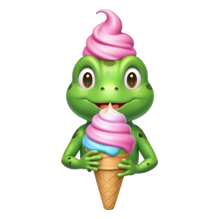 cute frog eating ice cream, happy face, holding a colorful ice cream cone, 3D cartoon, mobile game icon style, bright colors, soft shadows, clean background, no text, no watermark
 sticker