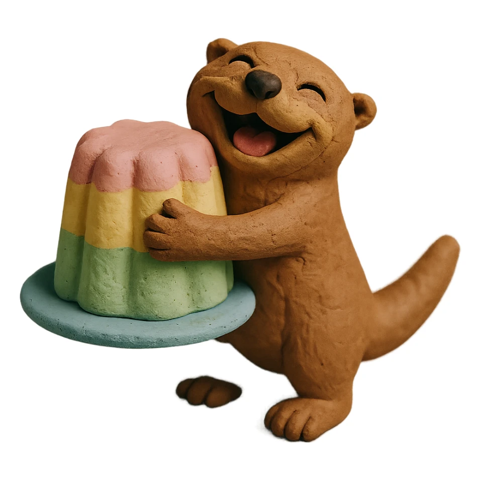 laughing otter hugging pastel jelly cake, claymation style sticker