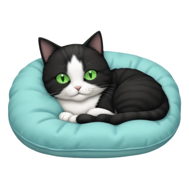 tuxedo short haired cat with green eyes sleeping in a lightblue pillow sticker