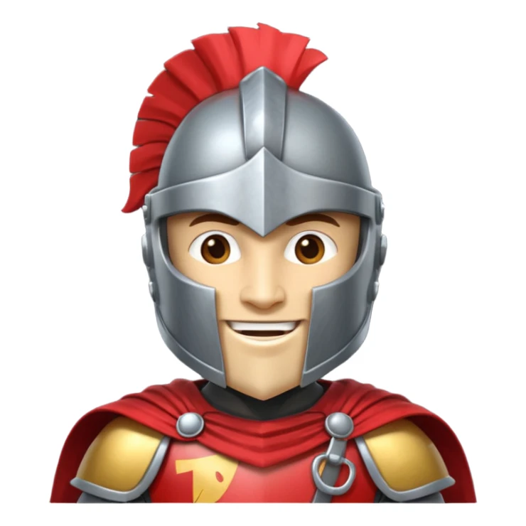 A friendly Trojan warrior mascot with a large cartoon-style head, wearing a silver helmet with a red crest and black cheek guards.  confident smile. The character wears dark armor with metallic details and a bright yellow cape.  sticker