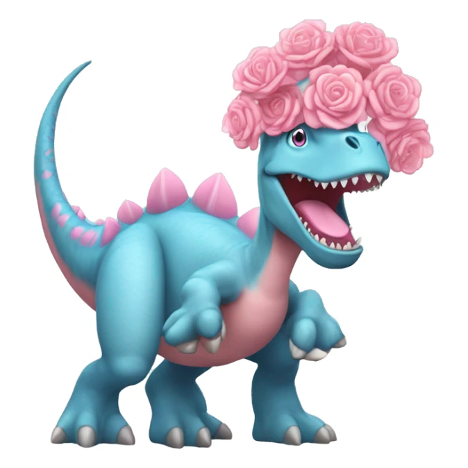 a pastel-blue dinosaur holding a giant pink bazooka wearing a big crown with flowers and really big eyelashes and it’s laughing  sticker