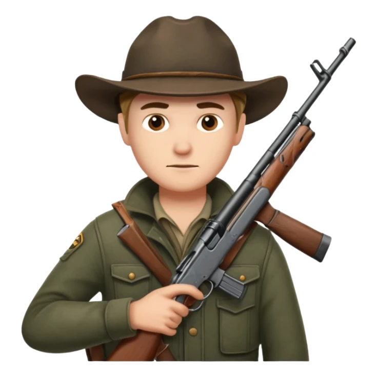 male hunter sitting and holding a rifle, minimal background sticker