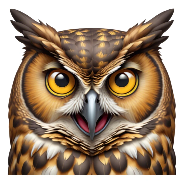 Cinematic Comical Great Horned Owl Portrait Emoji, Head tilted dramatically with an exaggeratedly amused expression, featuring a strikingly patterned mottled plumage with bold contrasts, wide, expressive golden eyes filled with playful disbelief, Simplified yet hilariously expressive features, highly detailed, glowing with a slightly sassy glow, high shine, dramatic yet playful, stylized with an air of cheeky nocturnal mischief, bright and endearing, soft glowing outline, capturing the essence of a spirited and over-the-top owl, so meme-worthy it feels like it could hoot its way into internet fame instantly! sticker