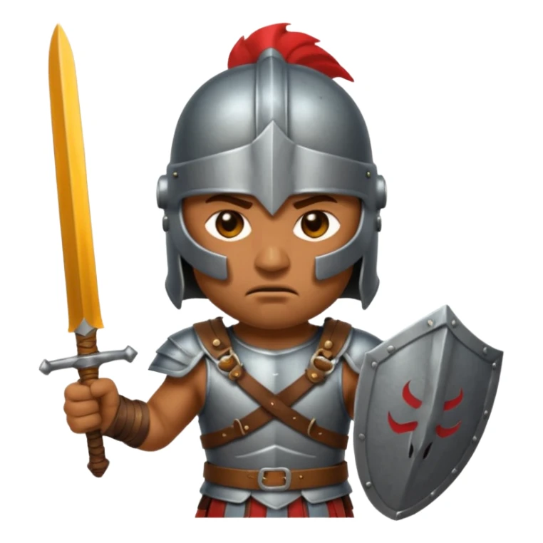 Emoji portrait of an entertainment slave (gladiator). He has an angry expression and wears a helmet, holding a short sword. sticker