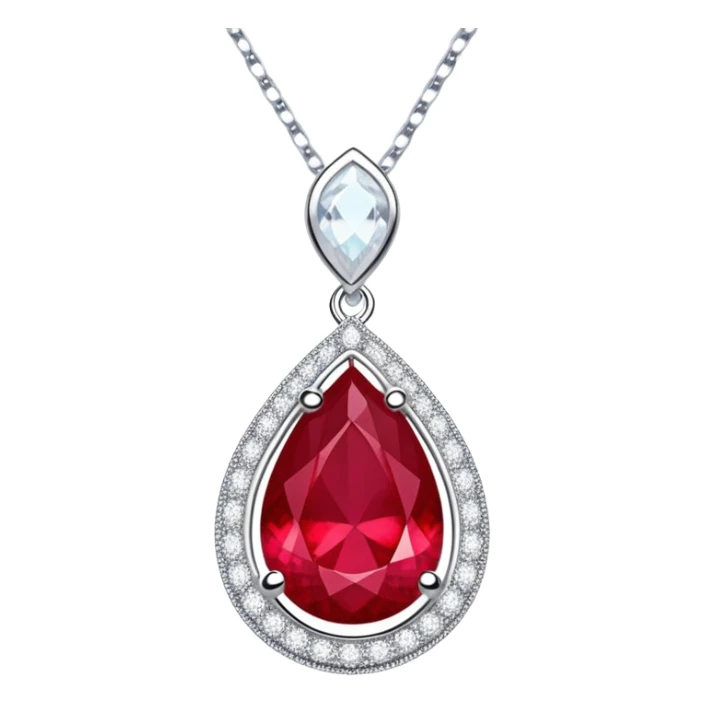 teardrop ruby pendant with silver chain, white stones, and luminous aura symbolizing renewal sticker