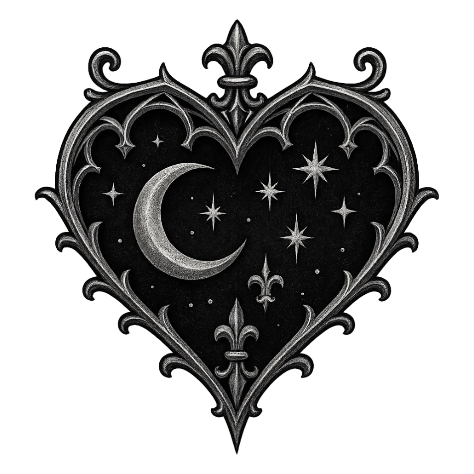 gothic style heart with a moon and stars, black and silver colors, transparent background sticker