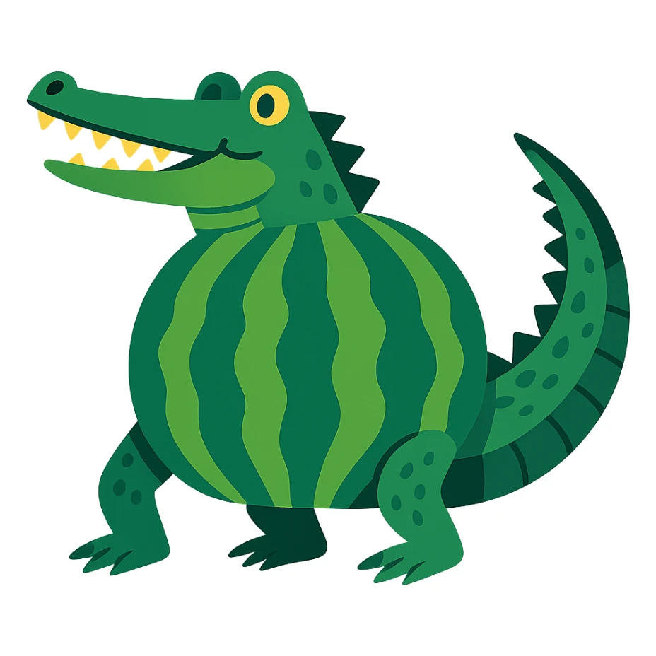 stylized crocodile with a green striped watermelon body, realistic crocodile tail and legs, fun and whimsical style sticker