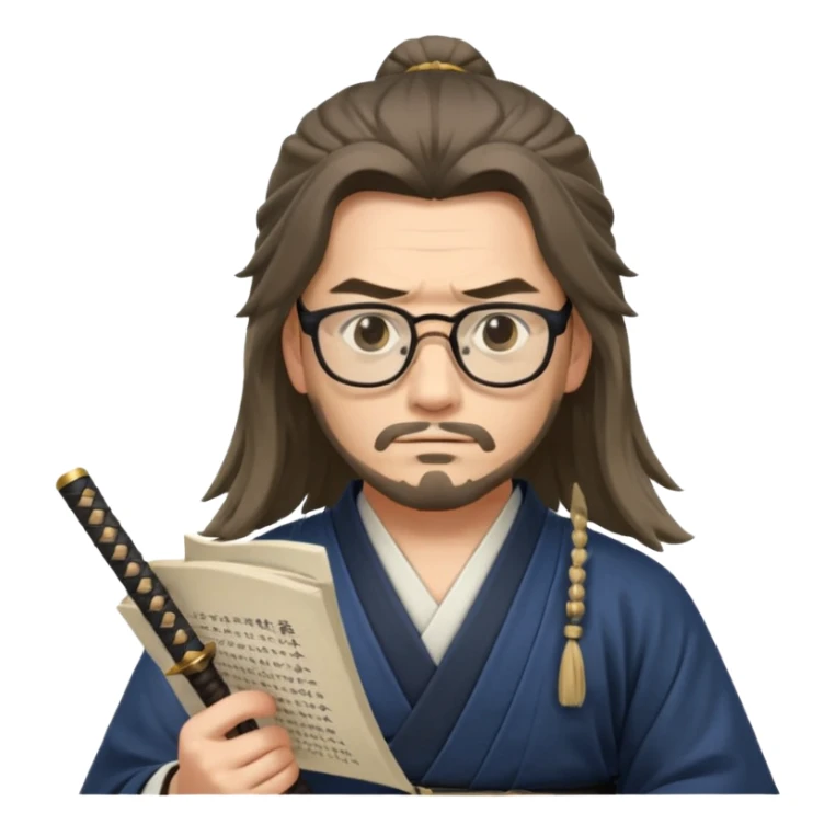 Long Haired Samurai with Glasses, Calm swordsman reading scroll with glasses sticker