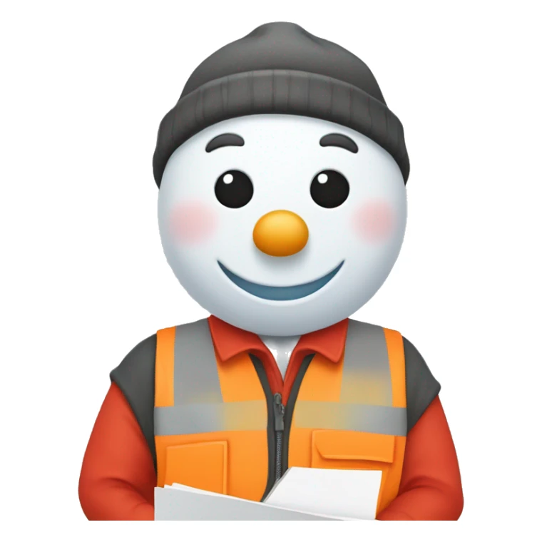 snowman holding construction documents with red shirt and orange vest sticker