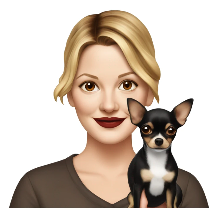 Drew Barrymore with a black and brown Chihuahua sticker