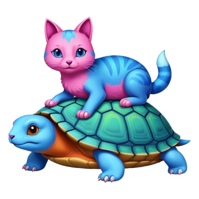 A blue cat turtle on top of a pink fox turtle sticker