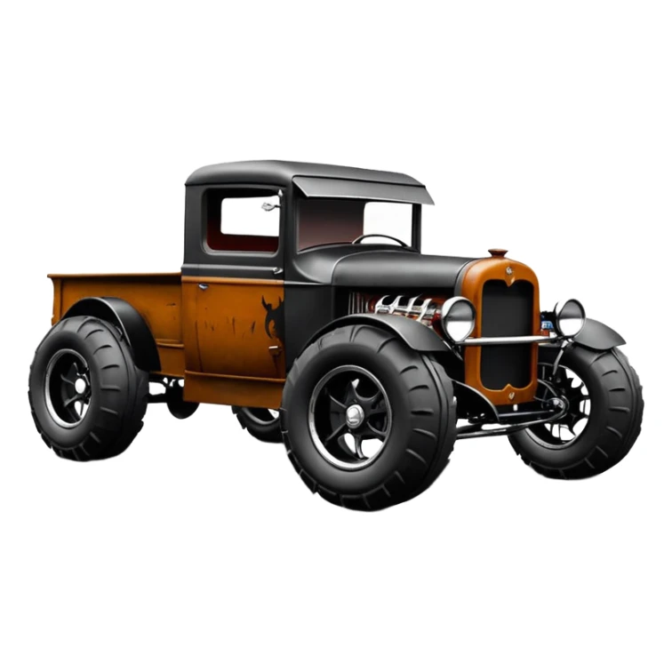 1:10 off-road pot-smoking rusting Basher style 1927 blackened tarnished hotrod rat rod streamlined anime vampire ghostly-glowing Dodge zombie infected extended-cab rc bulging monster pickup (extra wide low-profile pin tires chrome wheels with fenders) sticker