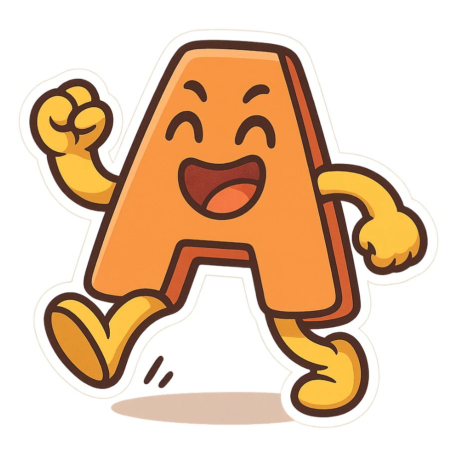 letter A in comic style with arms and legs, making a funny movement, bright colors, transparent background sticker