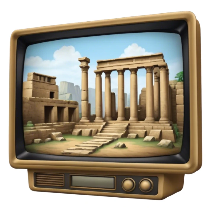 Icon for Documentary Film (TV style): A large TV screen with a host presenting in front of video footage showing ancient ruins. The design should evoke a vintage TV broadcast with historical content, complete with a clear view of the host and the ruins behind. Transparent background. sticker